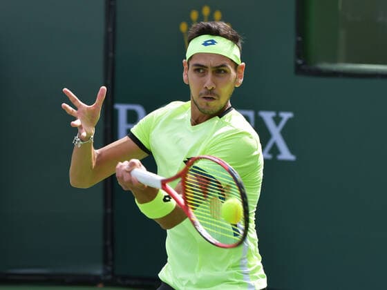 INDIAN WELLS, CA - OCTOBER 08: Alejandro Tabilo (CHI) hitting a forehand during his men s singles match at the BNP Paribas Open on October 08, 2021, at the Indian Wells Tennis Garden in Indian Wells, CA. (Photo by Cynthia Lum Icon Sportswire) TENNIS: OCT 08 BNP Paribas Open Icon250211008475