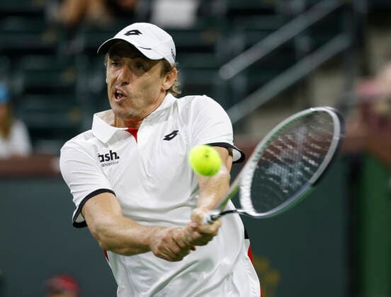 October 08, 2021 John Millman of Australia returns a shot to Jack Sock at the 2021 BNP Paribas Open at Indian Wells Tennis Garden in Indian Wells, California. Mandatory Photo Credit : CSM Indian Wells United States of America - ZUMAc04_ 20211008_zaf_c04_102 Copyright: xCharlesxBausx