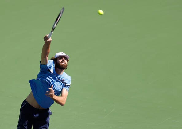 October 09, 2021 Reilly Opelka serves to Taro Daniel of Japan during the 2021 BNP Paribas Open at Indian Wells Tennis Garden in Indian Wells, California. Mandatory Photo Credit : CSM Indian Wells United States of America - ZUMAc04_ 20211009_zaf_c04_054 Copyright: xCharlesxBausx
