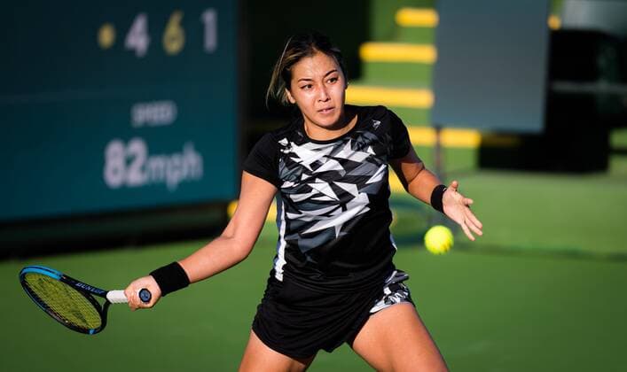Mandatory Credit: Photo by Rob Prange Shutterstock (12524631fv) Zarina Diyas of Kazakhstan in action during the second round at the 2021 BNP Paribas Open WTA, Tennis Damen 1000 tennis tournament BNP Paribas Open, Tennis, Day 4, Indian Wells Tennis Garden, California, USA - 09 Oct 2021 BNP Paribas Open, Tennis, Day 4, Indian Wells Tennis Garden, California, USA - 09 Oct 2021  Copyright: xRobxPrange Shutterstockx 12524631fv