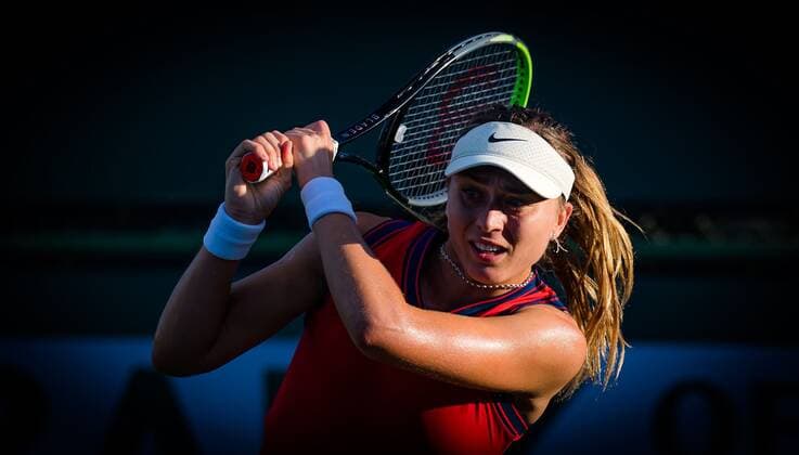 Mandatory Credit: Photo by Rob Prange Shutterstock (12524631gk) Paula Badosa of Spain in action during the second round at the 2021 BNP Paribas Open WTA, Tennis Damen 1000 tennis tournament BNP Paribas Open, Tennis, Day 4, Indian Wells Tennis Garden, California, USA - 09 Oct 2021 BNP Paribas Open, Tennis, Day 4, Indian Wells Tennis Garden, California, USA - 09 Oct 2021  Copyright: xRobxPrange Shutterstockx 12524631gk