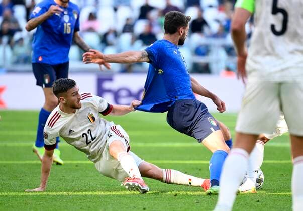 Torino, Italy - October 10 : Alexis Saelemaekers midfielder of Belgium & Federico Chiesa midfielder of Italy during to the UEFA Nations League Finals 2021 Third Place match between Italy and Belgium on October 10, 2021 in Torino, Italy, 10 10 2021 ( Italy v Belgium UEFA Nations League Third Place Match PhotoNews Panoramic 