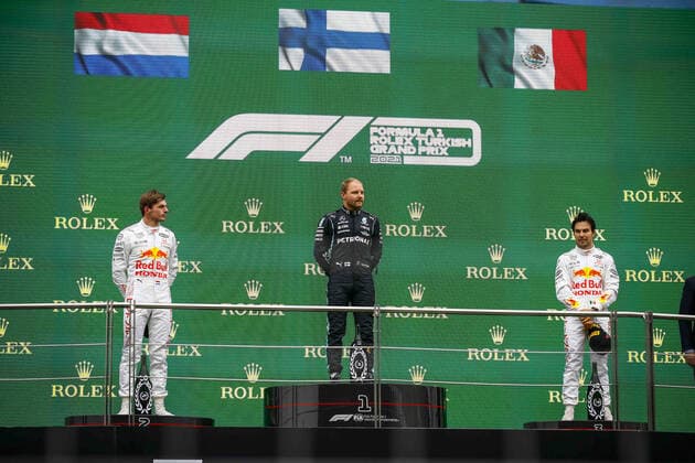 BOTTAS Valtteri (fin), Mercedes AMG F1 GP W12 E Performance, portrait, podium with VERSTAPPEN Max (ned), Red Bull Racing Honda RB16B and PEREZ Sergio (mex), Red Bull Racing Honda RB16B during the Formula 1 Rolex Turkish Grand Prix 2021, 16th round of the 2021 FIA Formula One World Championship, WM, Weltmeisterschaft from October 8 to 10, 2021 on the Istanbul Park, in Tuzla, Turkey - F1 - TURKISH GRAND PRIX 2021 - RACE DPPI Panoramic _B3_9937