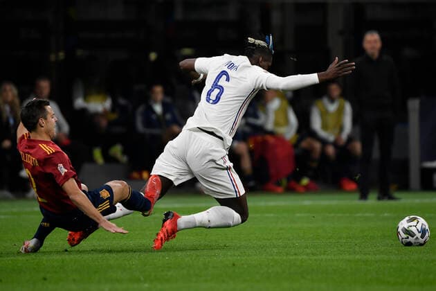 Cesar Azpilicueta of Spain and Paul Pogba of France during the Uefa Nations League final football match between Spain and France at San Siro stadium in Milano (Italy), October 10th, 2021. Photo Andrea Staccioli Insidefoto andreaxstaccioli