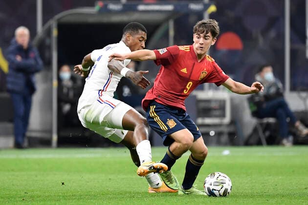 Presnel Kimpembe of France and Pablo Martin Paez Gavira Gavi of Spain during the Uefa Nations League final football match between Spain and France at San Siro stadium in Milano (Italy), October 10th, 2021. Photo Andrea Staccioli Insidefoto andreaxstaccioli