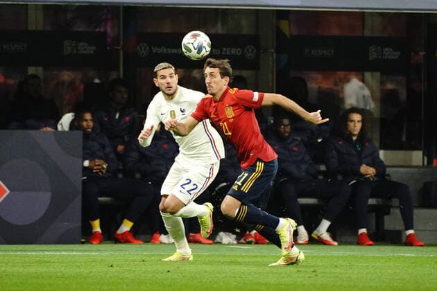 Mikel Oyarzabal (Espagne) - Theo Hernandez (France) FOOTBALL : Espagne vs France - League des Nations - Finale - Milan - 10 10 2021 NorbertScanella Panoramic 