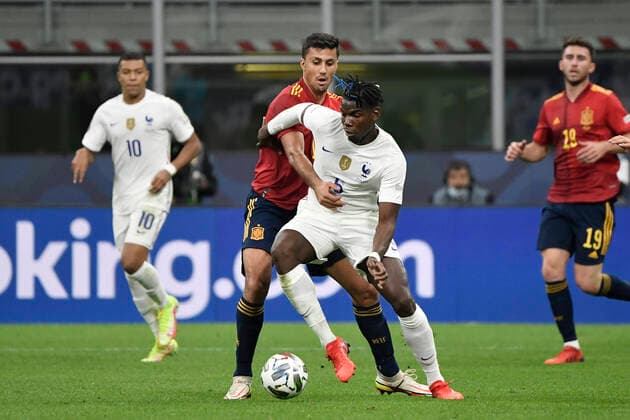 Paul Pogba of France and Rodrigo Hernandez Cascante Rodri of Spain during the Uefa Nations League final football match between Spain and France at San Siro stadium in Milano (Italy), October 10th, 2021. Photo Andrea Staccioli Insidefoto andreaxstaccioli
