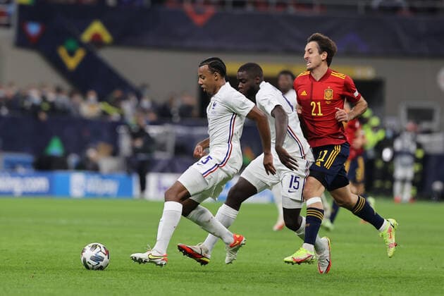 Mikel Oyarzabal of Spain, Dayot Upamecano of France and Jules Kounde of France in action during the UEFA Nations League Finals 2021 final football match between Spain and France at Giuseppe Meazza Stadium, Milan, Italy on October 10, 2021  Copyright: xFabrizioxCarabellix xIPAx xx 0