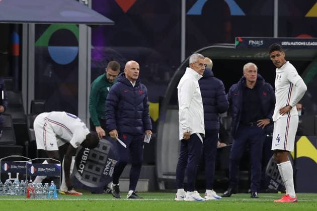 Milan, Italy, 10th October 2021. Raphael Varane of France looks on as he is about to be substituted for Dayot Upamecano after pulling up with an injury during the UEFA Nations League match at Stadio Giuseppe Meazza, Milan. Picture credit should read: Jonathan Moscrop Sportimage EDITORIAL USE ONLY. No use with unauthorised audio, video, data, fixture lists, club league logos or live services. Online in-match use limited to 120 images, no video emulation. No use in betting, games or single club league player publications. SPI-1236-0013
