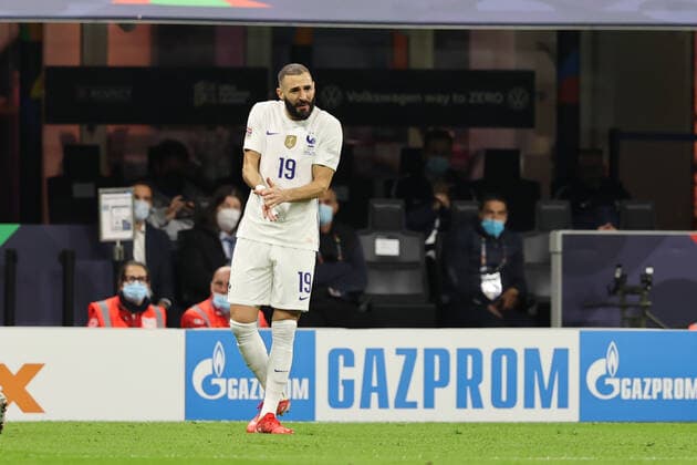 October 10, 2021, Milan, Italy: Karim Benzema of France reacts during the UEFA Nations League Finals 2021 final football match between Spain and France at Giuseppe Meazza Stadium, Milan, Italy on October 10, 2021 football UEFA Nations League match - Final - Spain vs France, Milan, Italy  - ZUMAl164 20211010_zsa_l164_320 Copyright: xFabrizioxCarabellix