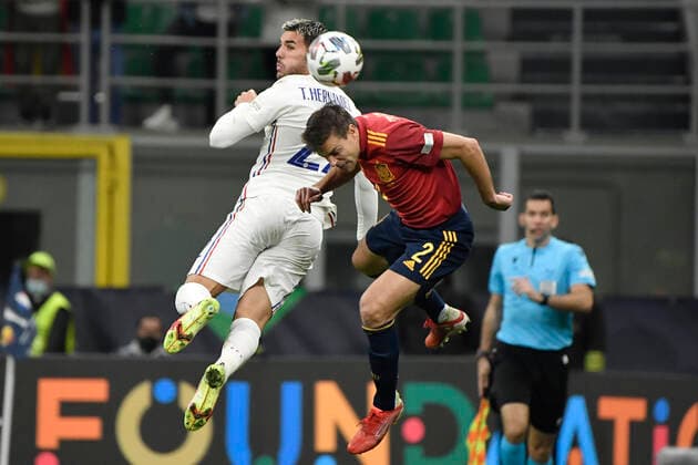 Theo Hernandez of France and Cesar Azpilicueta of Spain during the Uefa Nations League final football match between Spain and France at San Siro stadium in Milano (Italy), October 10th, 2021. Photo Andrea Staccioli Insidefoto andreaxstaccioli