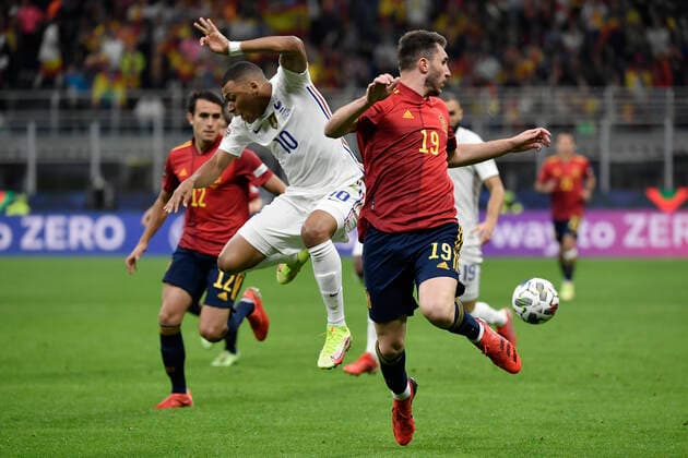 Kylian Mbappe of France and Aymeric Laporte of Spain during the Uefa Nations League final football match between Spain and France at San Siro stadium in Milano (Italy), October 10th, 2021. Photo Andrea Staccioli Insidefoto andreaxstaccioli