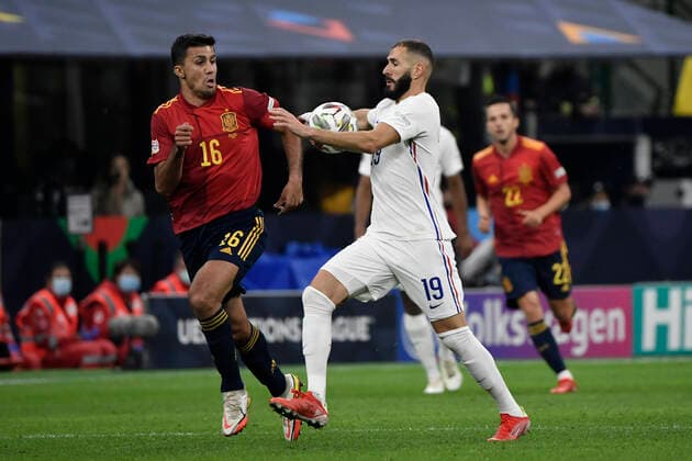 Rodrigo Hernandez Cascante Rodri of Spain and Karim Benzema of France during the Uefa Nations League final football match between Spain and France at San Siro stadium in Milano (Italy), October 10th, 2021. Photo Andrea Staccioli Insidefoto andreaxstaccioli