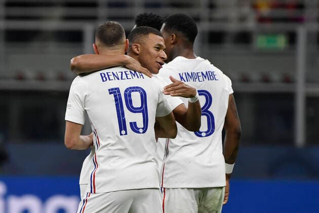Karim Benzema of France celebrates with Kylian Mbappe of France after scoring the goal of 1-1 during the Uefa Nations League final football match between Spain and France at San Siro stadium in Milano (Italy), October 10th, 2021. Photo Andrea Staccioli Insidefoto andreaxstaccioli