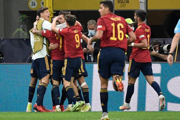 Mikel Oyarzabal of Spain celebrates after scoring the goal of 1-0 during the Uefa Nations League final football match between Spain and France at San Siro stadium in Milano (Italy), October 10th, 2021. Photo Andrea Staccioli Insidefoto andreaxstaccioli
