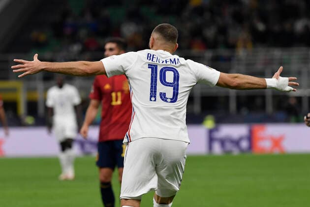 Karim Benzema of France celebrates after scoring the goal of 1-1 during the Uefa Nations League final football match between Spain and France at San Siro stadium in Milano (Italy), October 10th, 2021. Photo Andrea Staccioli Insidefoto andreaxstaccioli
