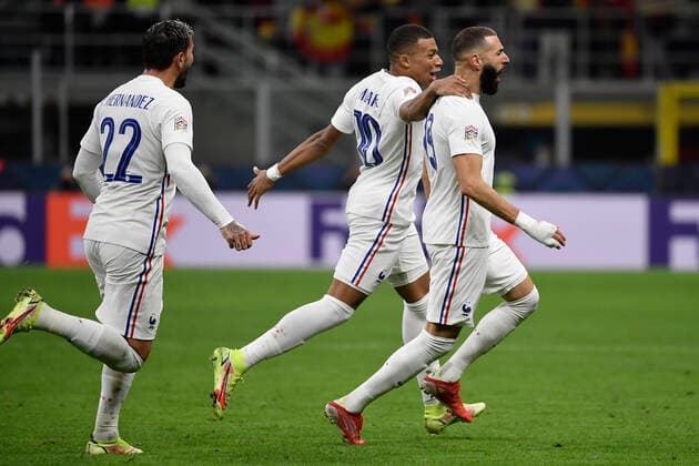 Karim Benzema of France celebrates with Kylian Mbappe of France and Theo Hernandez of France after scoring the goal of 1-1 during the Uefa Nations League final football match between Spain and France at San Siro stadium in Milano (Italy), October 10th, 2021. Photo Andrea Staccioli Insidefoto andreaxstaccioli