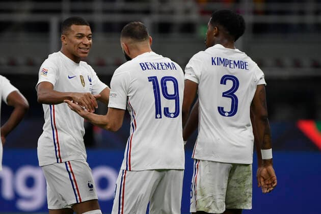 Karim Benzema of France celebrates with Kylian Mbappe of France after scoring the goal of 1-1 during the Uefa Nations League final football match between Spain and France at San Siro stadium in Milano (Italy), October 10th, 2021. Photo Andrea Staccioli Insidefoto andreaxstaccioli