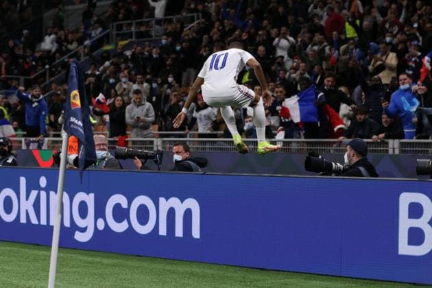 Milan, Italy, 10th October 2021. Kylian Mbappe of France celebrates after scoring to give the side a 2-1 lead during the UEFA Nations League match at Stadio Giuseppe Meazza, Milan. Picture credit should read: Jonathan Moscrop Sportimage EDITORIAL USE ONLY. No use with unauthorised audio, video, data, fixture lists, club league logos or live services. Online in-match use limited to 120 images, no video emulation. No use in betting, games or single club league player publications. SPI-1236-0036
