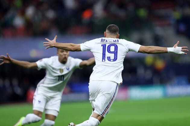 Spain - France Karim Benzema of France celebrates after scoring his team s first goal during the Uefa Nations League final match between Spain and France at Stadio Giuseppe Meazza on October 10, 2021 in Milan, Italy. Milano Stadio Giuseppe Meazza Italy Copyright: xMarcoxCanonierox