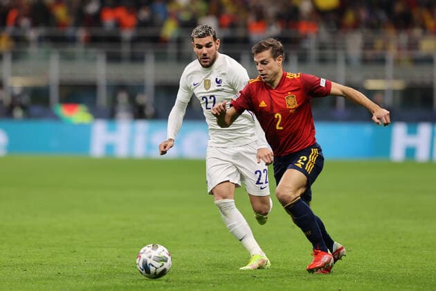 Mandatory Credit: Photo by Fabrizio Carabelli LiveMedia Shutterstock (12532157al) Cesar Azpilicueta of Spain fights for the ball against Theo Hernandez of France football UEFA Nations League match Final - Spain vs France, Milan, Italy - 10 Oct 2021 football UEFA Nations League match Final - Spain vs France, Milan, Italy - 10 Oct 2021  Copyright: xFabrizioxCarabelli LiveMedia Shutterstockx 12532157al