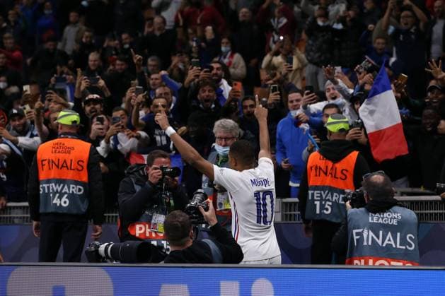 Milan, Italy, 10th October 2021. Kylian Mbappe of France celebrates after scoring to give the side a 2-1 lead during the UEFA Nations League match at Stadio Giuseppe Meazza, Milan. Picture credit should read: Jonathan Moscrop Sportimage EDITORIAL USE ONLY. No use with unauthorised audio, video, data, fixture lists, club league logos or live services. Online in-match use limited to 120 images, no video emulation. No use in betting, games or single club league player publications. SPI-1236-0039