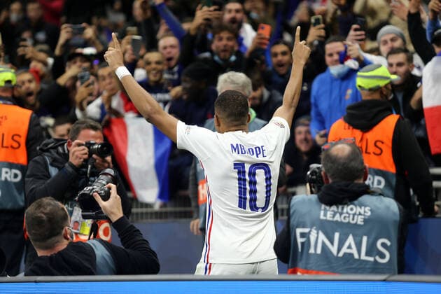 Spain - France Kylian Mbappe of France celebrates after scoring his team s second goal during the Uefa Nations League final match between Spain and France at Stadio Giuseppe Meazza on October 10, 2021 in Milan, Italy. Milano Stadio Giuseppe Meazza Italy Copyright: xSportinfotox