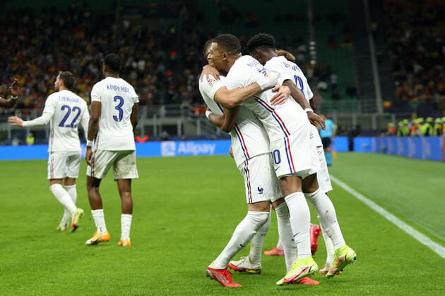 Spain - France Kylian Mbappe of France celebrates after scoring his team s second goal during the Uefa Nations League final match between Spain and France at Stadio Giuseppe Meazza on October 10, 2021 in Milan, Italy. Milano Stadio Giuseppe Meazza Italy Copyright: xSportinfotox