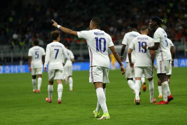Spain - France Kylian Mbappe of France celebrates after scoring his team s second goal during the Uefa Nations League final match between Spain and France at Stadio Giuseppe Meazza on October 10, 2021 in Milan, Italy. Milano Stadio Giuseppe Meazza Italy Copyright: xSportinfotox