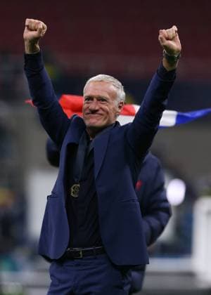 Milan, Italy, 10th October 2021. Didier Deschamps Head coach of France celebrates following the 2-1 victory during the UEFA Nations League match at Stadio Giuseppe Meazza, Milan. Picture credit should read: Jonathan Moscrop Sportimage EDITORIAL USE ONLY. No use with unauthorised audio, video, data, fixture lists, club league logos or live services. Online in-match use limited to 120 images, no video emulation. No use in betting, games or single club league player publications. SPI-1236-0042