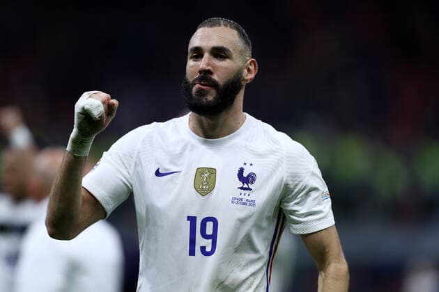 Spain - France Karim Benzema of France celebrates after winning the Uefa Nations League final match between Spain and France at Stadio Giuseppe Meazza on October 10, 2021 in Milan, Italy. Milano Stadio Giuseppe Meazza Italy Copyright: xMarcoxCanonierox