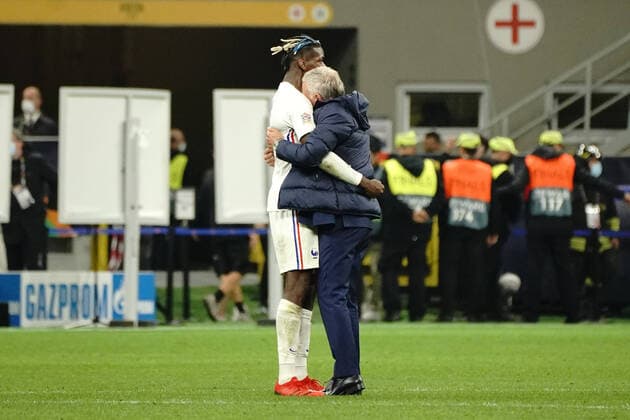 Didier Deschamps (selectionneur de l equipe de France) - Paul Pogba (France) FOOTBALL : Espagne vs France - League des Nations - Finale - Milan - 10 10 2021 NorbertScanella Panoramic 