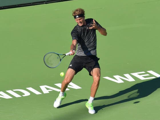 INDIAN WELLS, CA - OCTOBER 10: Alexander Zverev (GER) hitting a forehand during his men s singles match at the BNP Paribas Open on October 10, 2021, at the Indian Wells Tennis Garden, Indian Wells, CA. (Photo by Cynthia Lum Icon Sportswire) TENNIS: OCT 10 BNP Paribas Open Icon250211010639