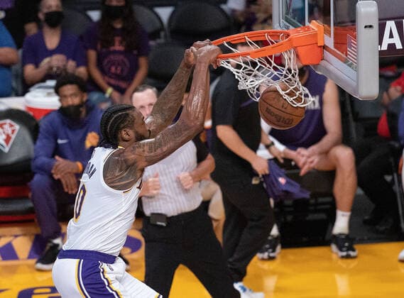 October 10, 2021, Los Angeles, California, USA: DeAndre Jordan 10 of the Los Angeles Lakers dunks the ball during their pre-season NBA, Basketball Herren, USA game with the Phoenix Suns on Sunday October 10, 2021 at the Staples Center in Los Angeles, California. PI Los Angeles USA - ZUMAp124 20211010_zaa_p124_006 Copyright: xJAVIERxROJASx