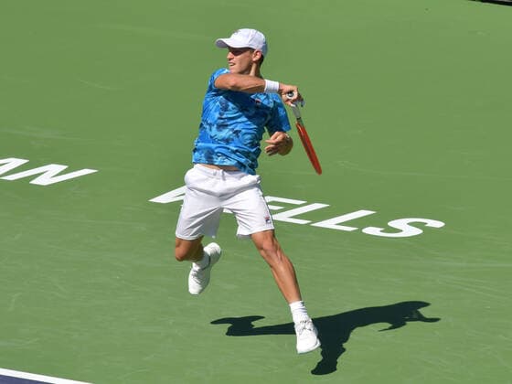 INDIAN WELLS, CA - OCTOBER 11: Diego Schwartzsman (ARG) in action during his men s singles match at the BNP Paribas Open on October 11, 2021, at the Indian Wells Tennis Garden in Indian Wells, CA. ) (Photo by Cynthia Lum Icon Sportswire TENNIS: OCT 11 BNP Paribas Open Icon250211011653