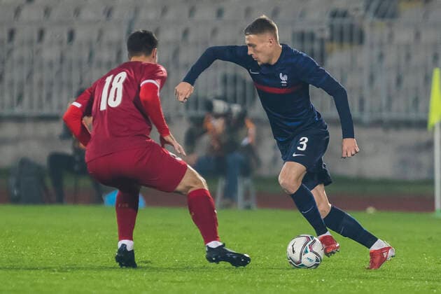 Adrien Truffert FOOTBALL : Serbie vs France - Espoirs - Qualification Euro 2023 - Belgrade - 12 10 2021 NikolaKrstic Panoramic 