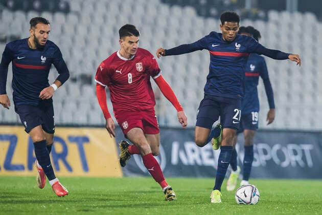 Amine Adli FOOTBALL : Serbie vs France - Espoirs - Qualification Euro 2023 - Belgrade - 12 10 2021 NikolaKrstic Panoramic 