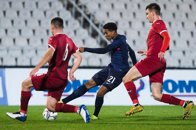Amine Adli FOOTBALL : Serbie vs France - Espoirs - Qualification Euro 2023 - Belgrade - 12 10 2021 NikolaKrstic Panoramic 