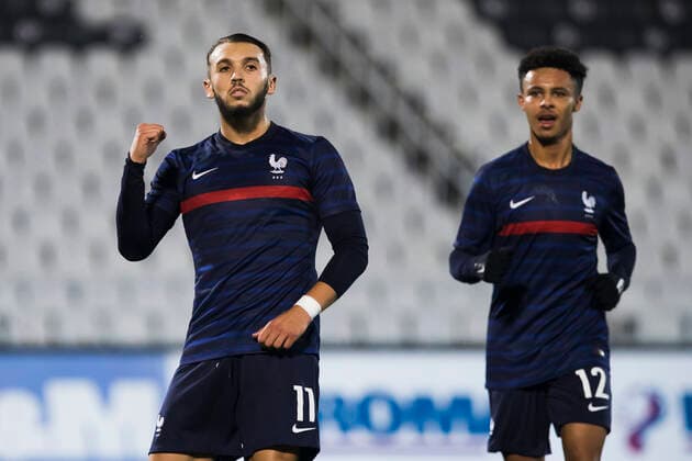 Amine Gouiri, Sofiane Diop FOOTBALL : Serbie vs France - Espoirs - Qualification Euro 2023 - Belgrade - 12 10 2021 NikolaKrstic Panoramic 