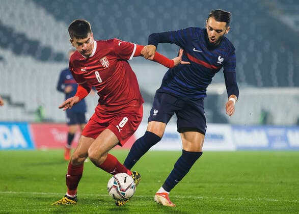 duel FOOTBALL : Serbie vs France - Espoirs - Qualification Euro 2023 - Belgrade - 12 10 2021 NikolaKrstic Panoramic 