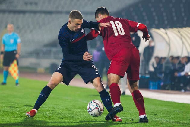Adrien Truffert FOOTBALL : Serbie vs France - Espoirs - Qualification Euro 2023 - Belgrade - 12 10 2021 NikolaKrstic Panoramic 