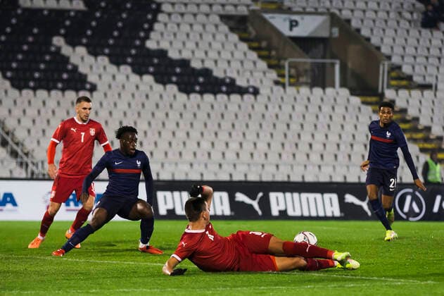 Araud Kalimuendo-Muinga FOOTBALL : Serbie vs France - Espoirs - Qualification Euro 2023 - Belgrade - 12 10 2021 NikolaKrstic Panoramic 