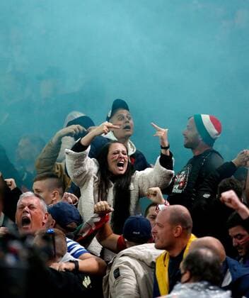 Mandatory Credit: Photo by Matt Impey Shutterstock (12534940b) Hungary fans celebrate and goad the England fans after a penalty puts their team 1-0 ahead in the 1st half England v Hungary, Football, World Cup Qualifying, Group I, Wembley Stadium, Wembley, London, UK - 12 10 2021 Editorial use only England v Hungary, Football, World Cup Qualifying, Group I, Wembley Stadium, Wembley, London, UK - 12 10 2021 Editorial use only  Copyright: xMattxImpey Shutterstockx 12534940b