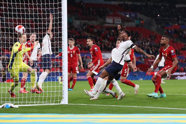 England v Hungary 12 October 2021, London - International Football - World Cup Qualifier - England v Hungary - John Stones of England scores their 1st goal - Photo: Charlotte Wilson Offside. London UK Copyright: xCharlottexWilsonx xOffsidexOffside