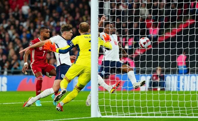 Mandatory Credit: Photo by Javier Garcia Shutterstock (12534018r) John Stones of England scores a goal 1-1 England v Hungary, FIFA World Cup, WM, Weltmeisterschaft, Fussball 2022 Qualifying, Group I, Football, Wembley Stadium, London, UK - 12 Oct 2021 EDITORIAL USE ONLY No use with unauthorised audio, video, data, fixture lists, club league logos or live services. Online in-match use limited to 120 images, no video emulation. No use in betting, games or single club league player publications. England v Hungary, FIFA World Cup 2022 Qualifying, Group I, Football, Wembley Stadium, London, UK - 12 Oct 2021 EDITORIAL USE ONLY No use with unauthorised audio, video, data, fixture lists, club league logos or live services. Online in-match use limited to 120 images, no video emulation. No use in betting, games or single club league player publications.  Copyright: xJavierxGarcia Shutterstockx 12534018r
