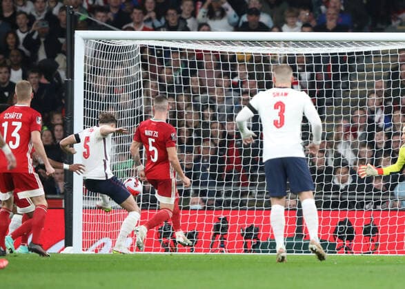John Stones (England) scores for England to equalise (1-1) at the England v Hungary World Cup Qualifier, at Wembley Stadium, London, UK on 12th October, 2021. 