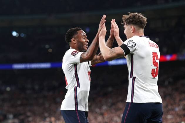 England v Hungary 12 October 2021, London - International Football - World Cup Qualifier - England v Hungary - John Stones of England (R) celebrates with Raheem Sterling of England after scoring their 1st goal - Photo: Charlotte Wilson Offside. London UK Copyright: xCharlottexWilsonx xOffsidexOffside