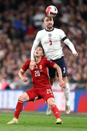 England v Hungary 12 October 2021, London - International Football - World Cup Qualifier - England v Hungary - Luke Shaw of England battles with Akos Kecskes of Hungary - Photo: Charlotte Wilson Offside. London UK Copyright: xCharlottexWilsonx xOffsidexOffside