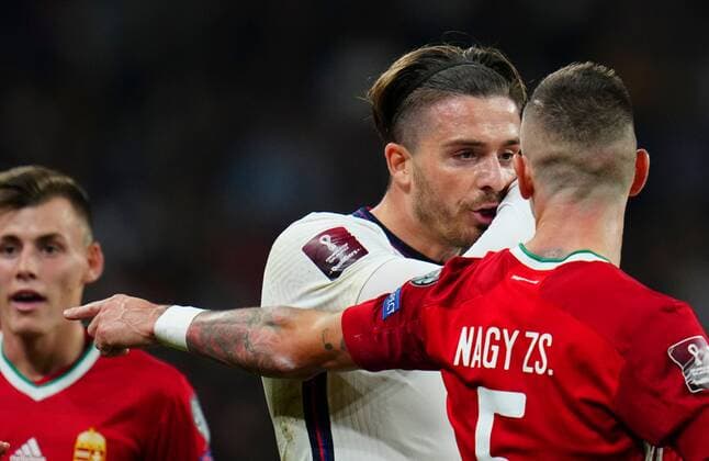 Mandatory Credit: Photo by Javier Garcia Shutterstock (12534018ae) Jack Grealish of England has words with Zsolt Nagy of Hungary after he was fouled England v Hungary, FIFA World Cup, WM, Weltmeisterschaft, Fussball 2022 Qualifying, Group I, Football, Wembley Stadium, London, UK - 12 Oct 2021 EDITORIAL USE ONLY No use with unauthorised audio, video, data, fixture lists, club league logos or live services. Online in-match use limited to 120 images, no video emulation. No use in betting, games or single club league player publications. England v Hungary, FIFA World Cup 2022 Qualifying, Group I, Football, Wembley Stadium, London, UK - 12 Oct 2021 EDITORIAL USE ONLY No use with unauthorised audio, video, data, fixture lists, club league logos or live services. Online in-match use limited to 120 images, no video emulation. No use in betting, games or single club league player publications.  Copyright: xJavierxGarcia Shutterstockx 12534018ae