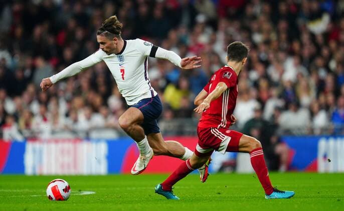 Mandatory Credit: Photo by Javier Garcia Shutterstock (12534018ai) Jack Grealish of England England v Hungary, FIFA World Cup, WM, Weltmeisterschaft, Fussball 2022 Qualifying, Group I, Football, Wembley Stadium, London, UK - 12 Oct 2021 EDITORIAL USE ONLY No use with unauthorised audio, video, data, fixture lists, club league logos or live services. Online in-match use limited to 120 images, no video emulation. No use in betting, games or single club league player publications. England v Hungary, FIFA World Cup 2022 Qualifying, Group I, Football, Wembley Stadium, London, UK - 12 Oct 2021 EDITORIAL USE ONLY No use with unauthorised audio, video, data, fixture lists, club league logos or live services. Online in-match use limited to 120 images, no video emulation. No use in betting, games or single club league player publications.  Copyright: xJavierxGarcia Shutterstockx 12534018ai